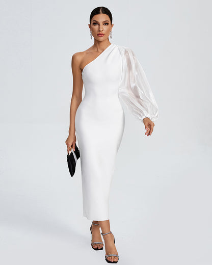 LLstyle One Shoulder White Midi Dress