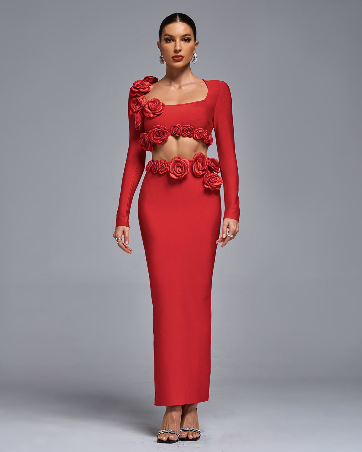 LLstyle Red 3D Rose Cut-Out Gown