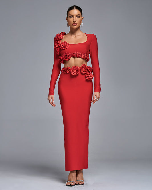 LLstyle Red 3D Rose Cut-Out Gown