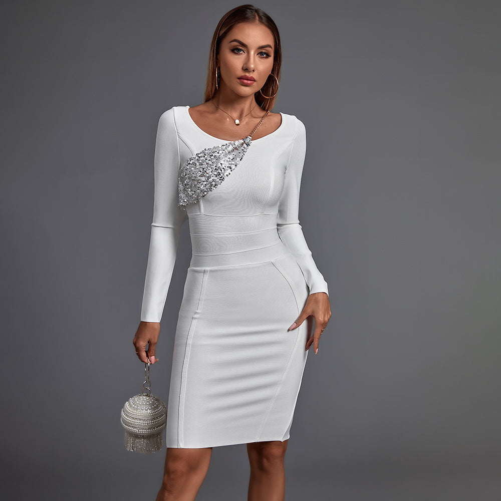 LLstyle White Crystal Accent Bodycon Dress