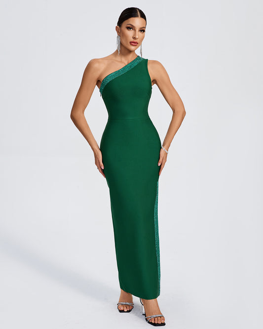 LLstyle Emerald One-Shoulder Sparkle Trim Gown