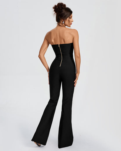 LLstyle Black Strapless Crystal Bust Jumpsuit