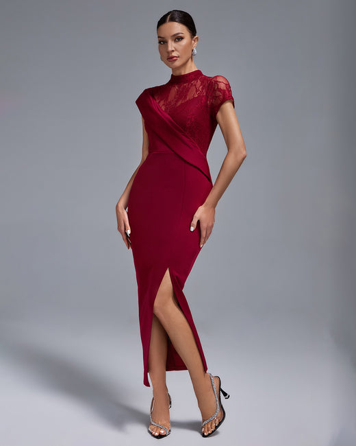 LLstyle Burgundy Lace Panel Asymmetrical Midi Dress