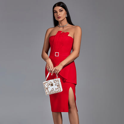 LLstyle Elegant Red Strapless Ruffle Midi Dress