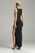 Floral Trim Cutout High-Slit Evening Dress