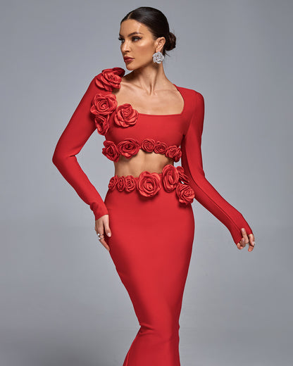 LLstyle Red 3D Rose Cut-Out Gown