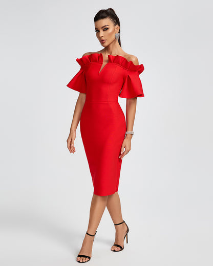 LLstyle Red Off Shoulder Ruffle Midi Dress