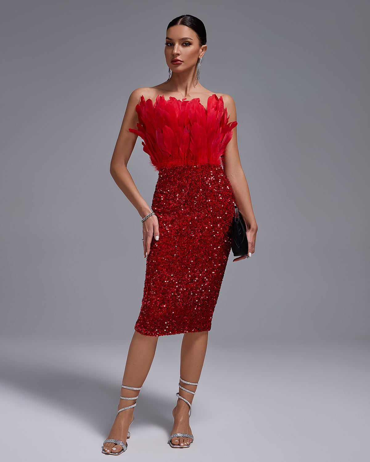 LLstyle Red Feather & Sequin Luxe Midi Dress