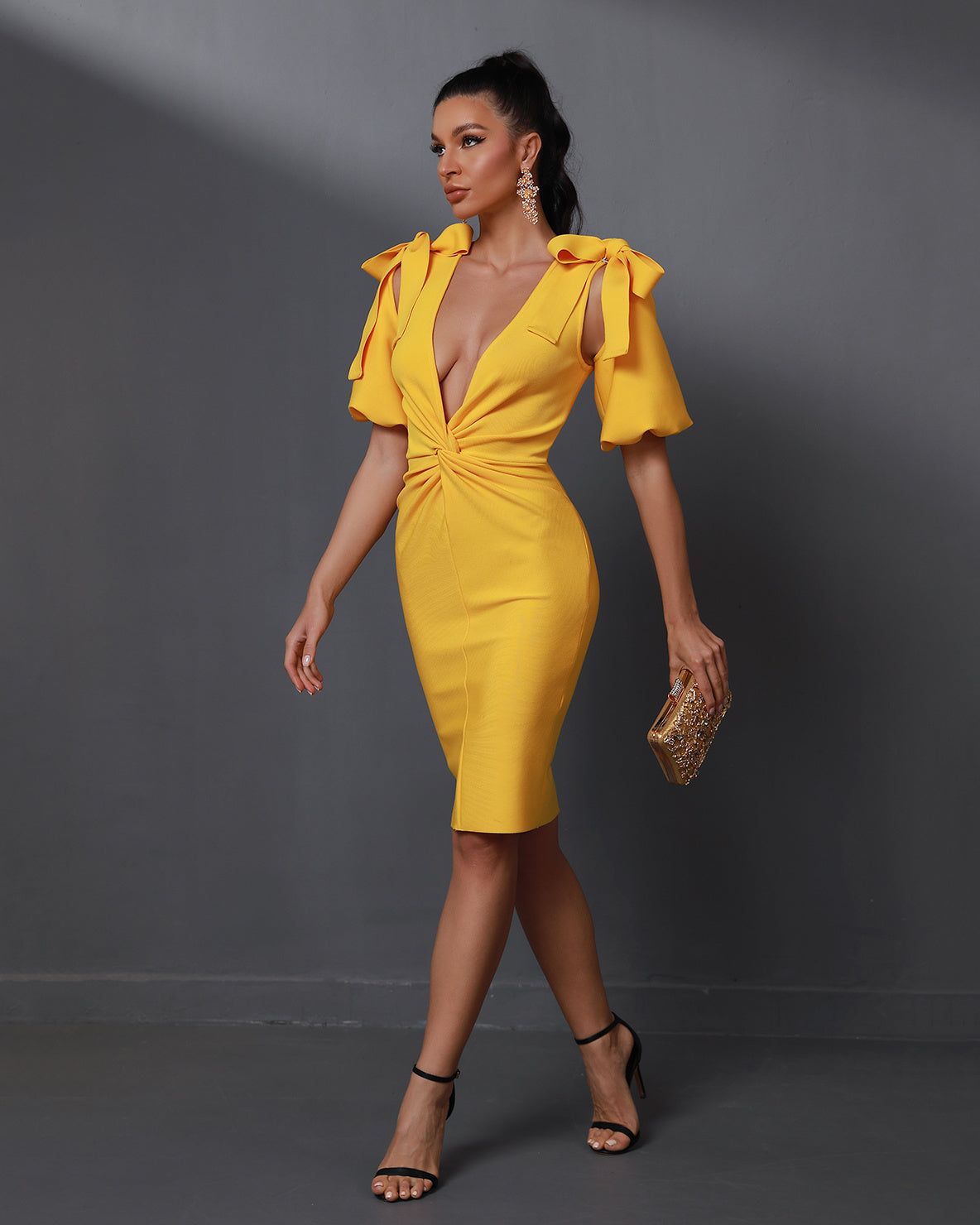 LLstyle Yellow Puff-Sleeve Bow Detail Midi Dress