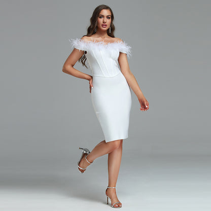 LLstyle White Feather Off-Shoulder Dress