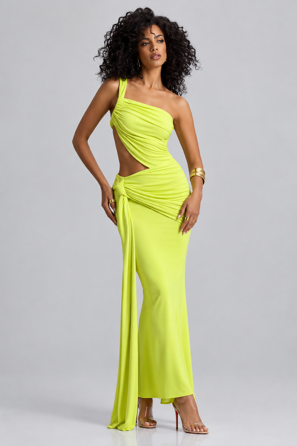 One-Shoulder Draped Cutout Evening Gown