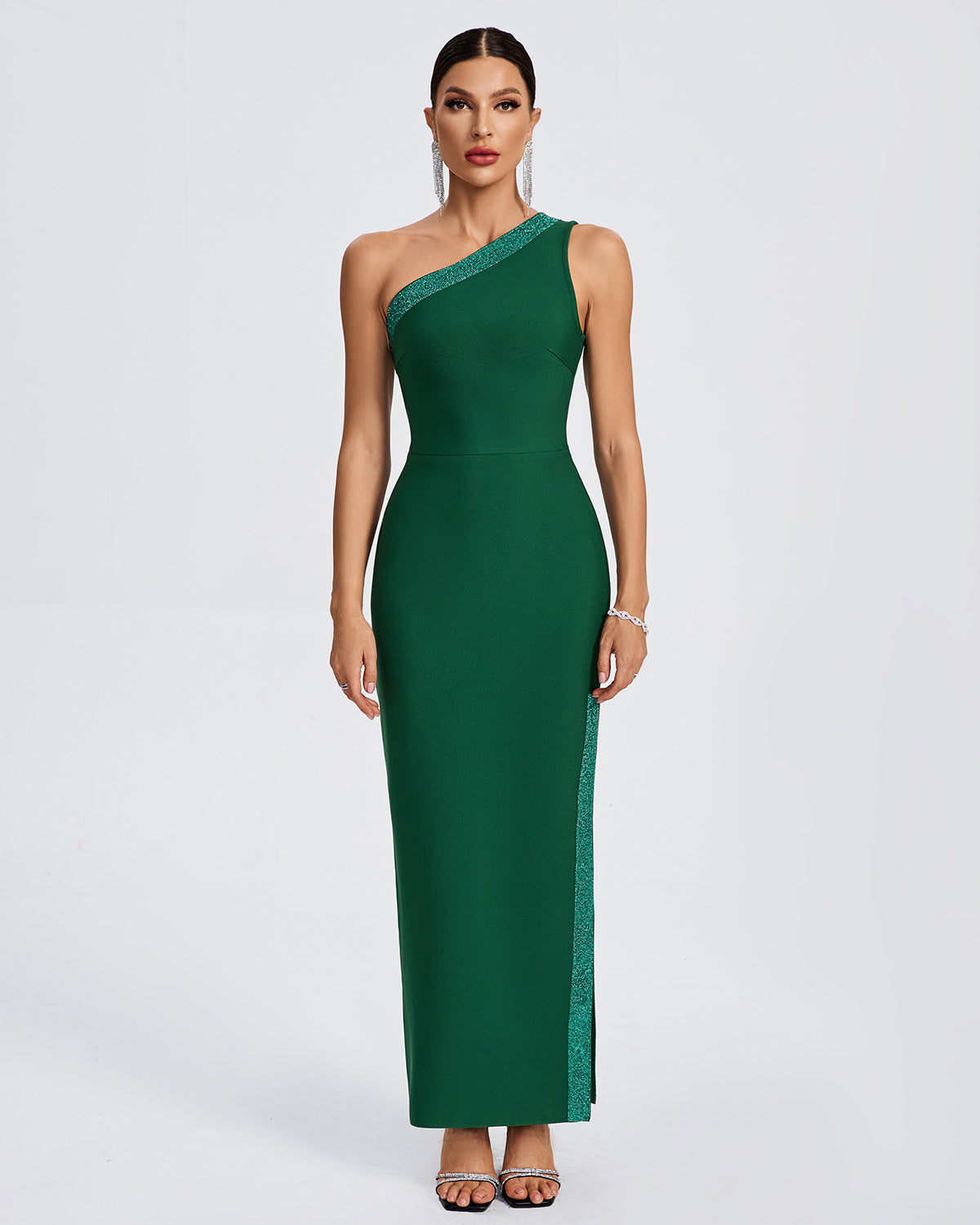 LLstyle Emerald One-Shoulder Sparkle Trim Gown