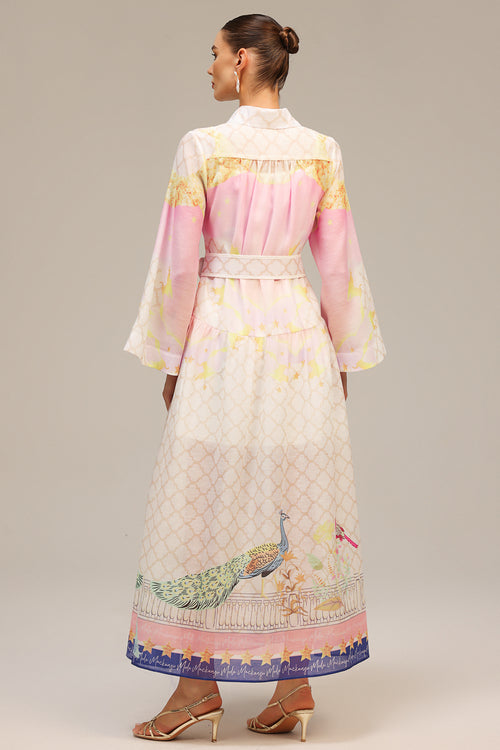 Printed Belted Shirt Midi Dress