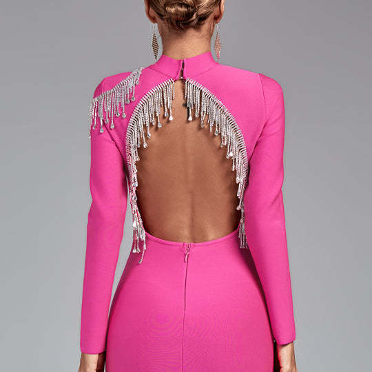 LLstyle Pink Crystal Backless Maxi Dress