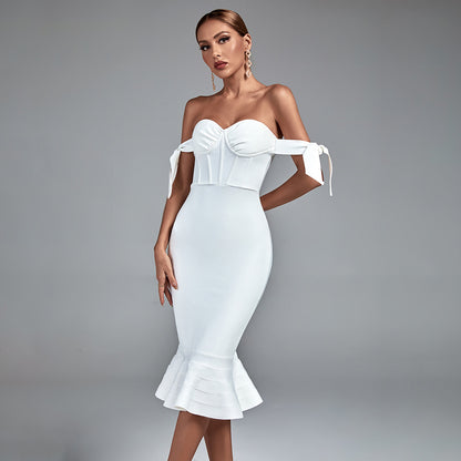LLstyle White Off-Shoulder Sweetheart Midi Dress
