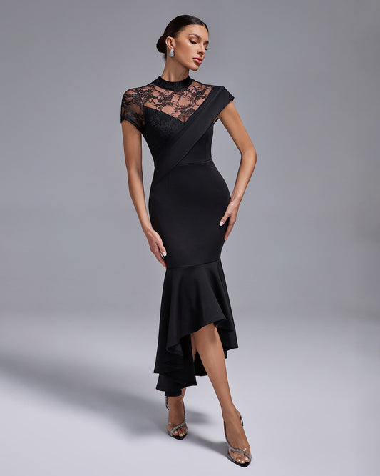 LLstyle Lace Panel Asymmetric Hem Midi Dress