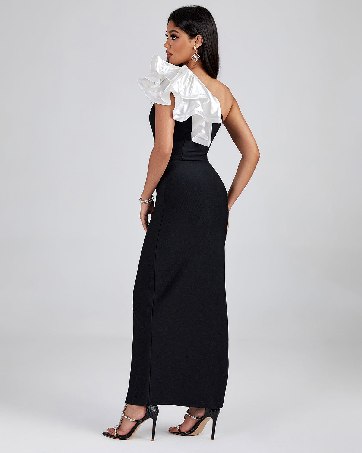 LLstyle Black One Shoulder Ruffle Maxi Dress