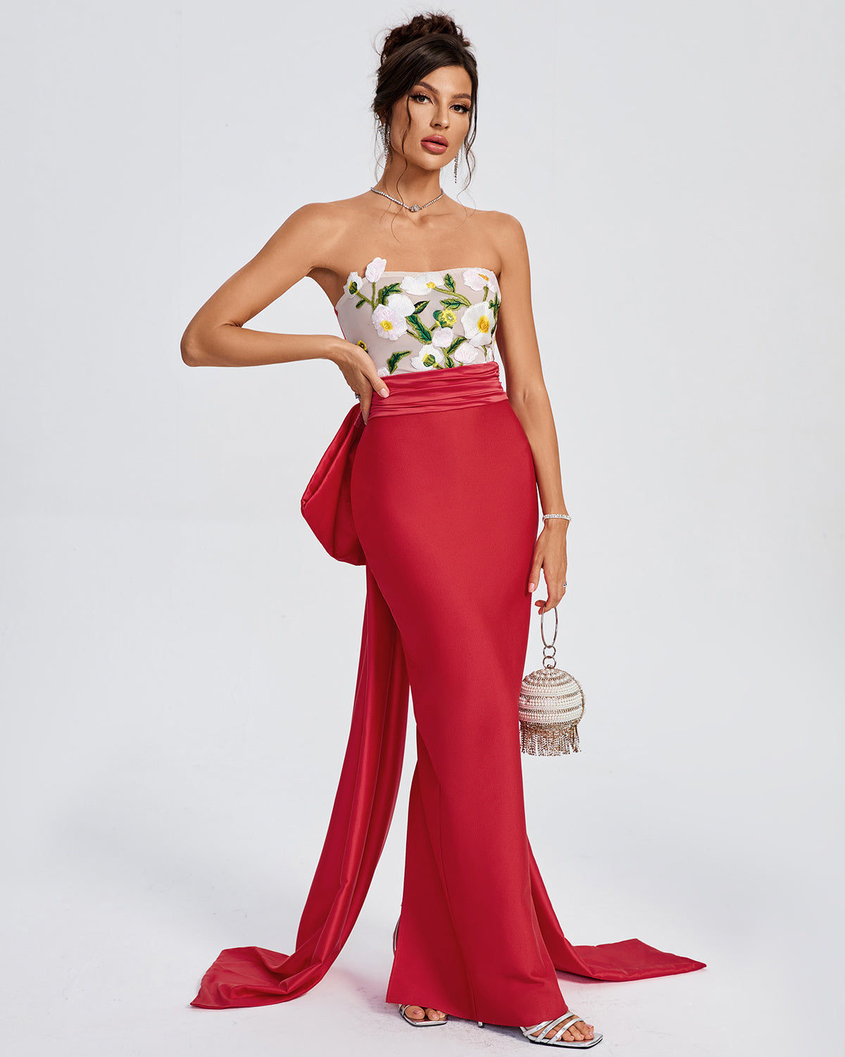 LLstyle Floral Embroidered Strapless Red Gown