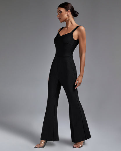 LLstyle Black Wide-Strap Flare-Leg Jumpsuit