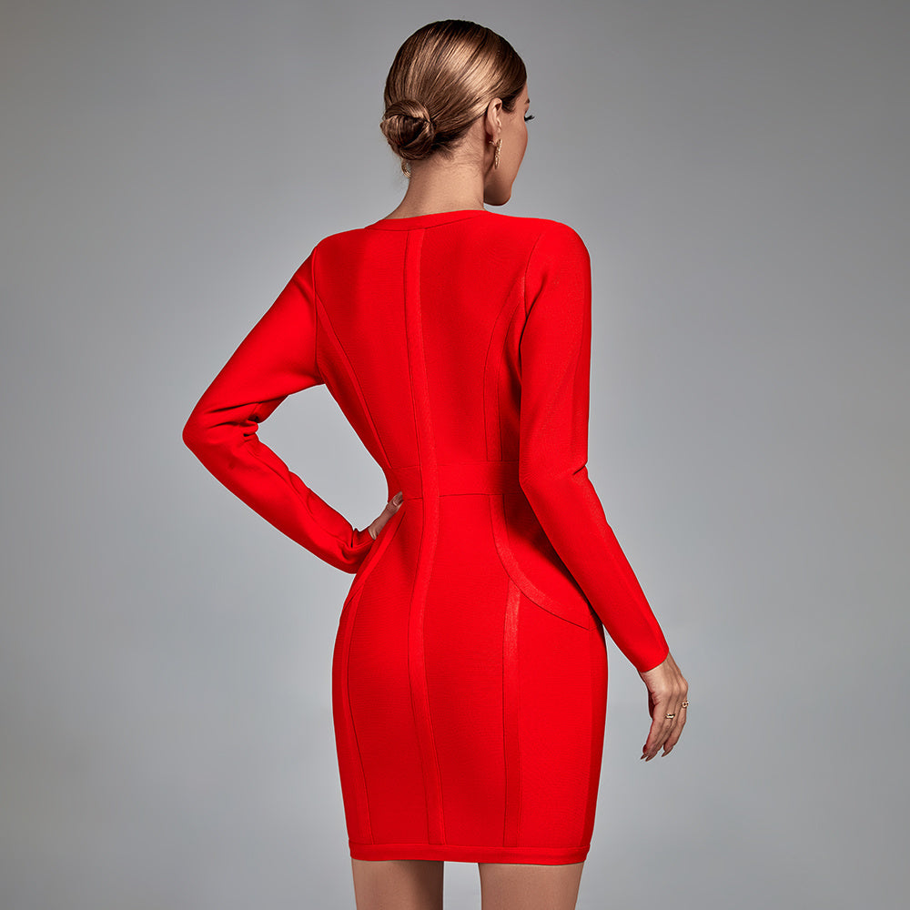LLstyle Red Deep V Zip Front Mini Dress