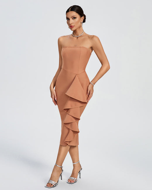 LLstyle Nude Strapless Ruffle-Detail Midi Dress