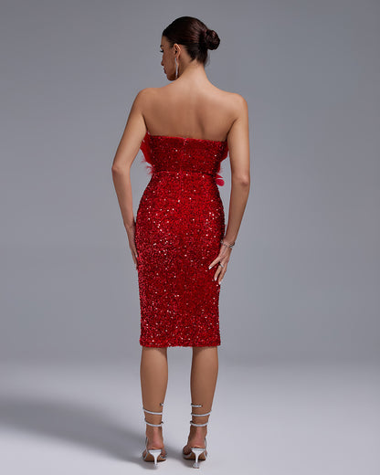 LLstyle Red Feather & Sequin Luxe Midi Dress