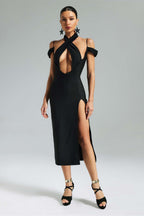 Eva Black Cross Halter Cutout Midi Dress