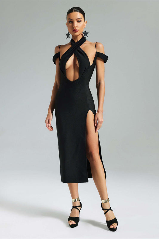 LLstyle Black Cross Halter Cutout Midi Dress
