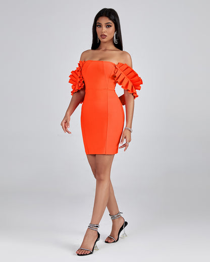 LLstyle Orange Off Shoulder Ruffle Mini Dress