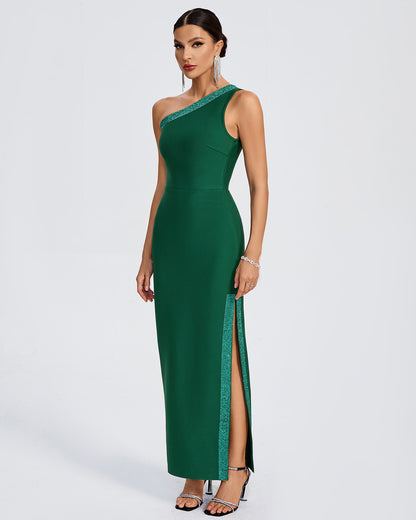 LLstyle Emerald One-Shoulder Sparkle Trim Gown