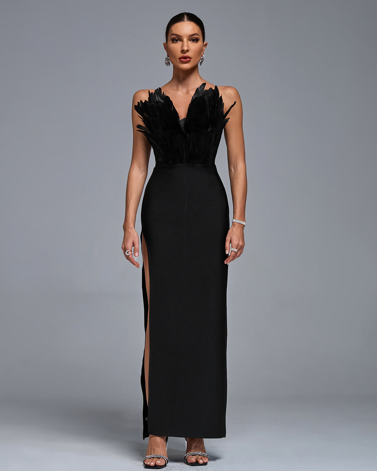 LLstyle Black Feather Detail Evening Gown