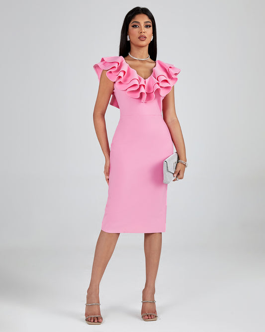 LLstyle Pink Ruffle Neck Midi Dress