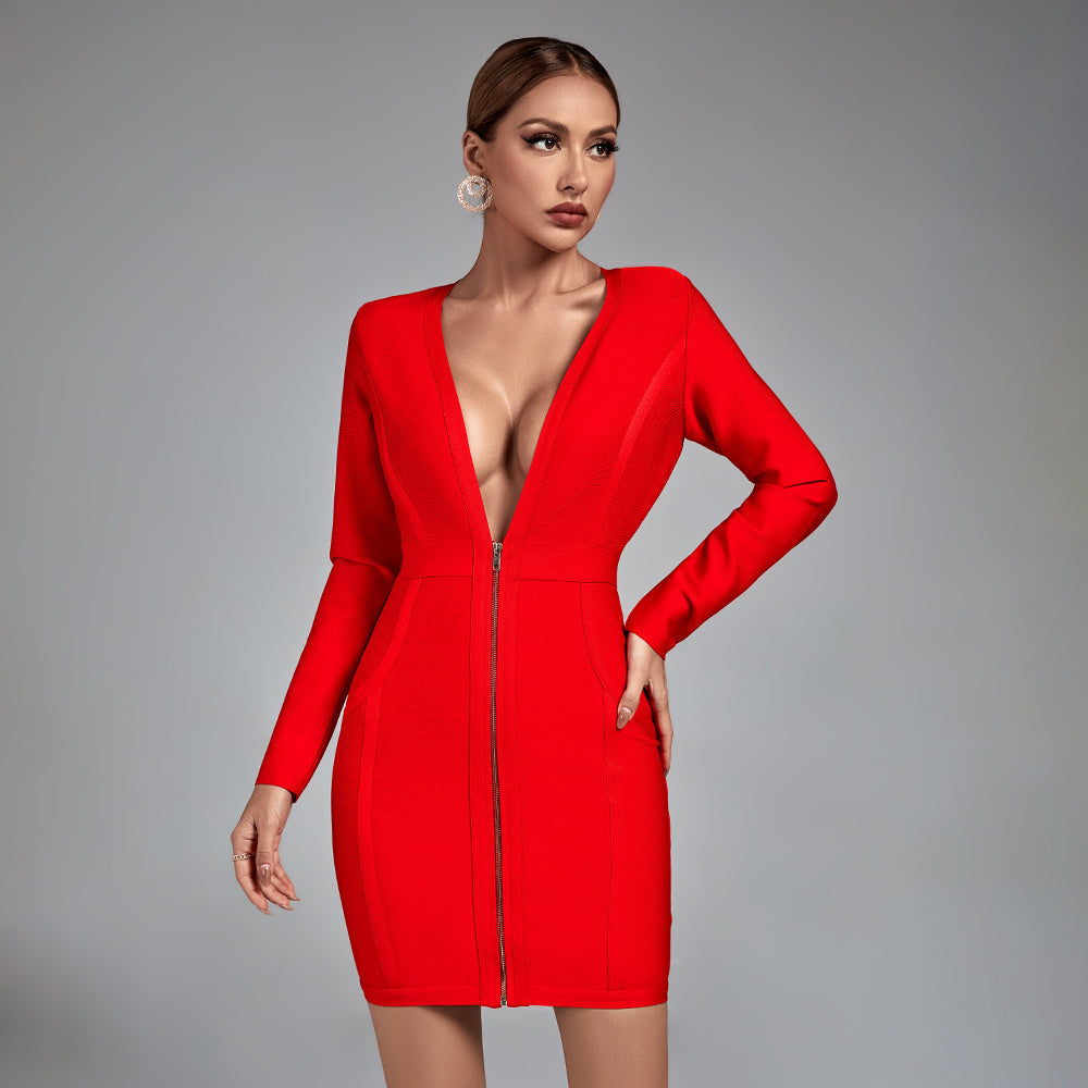 LLstyle Red Deep V Zip Front Mini Dress