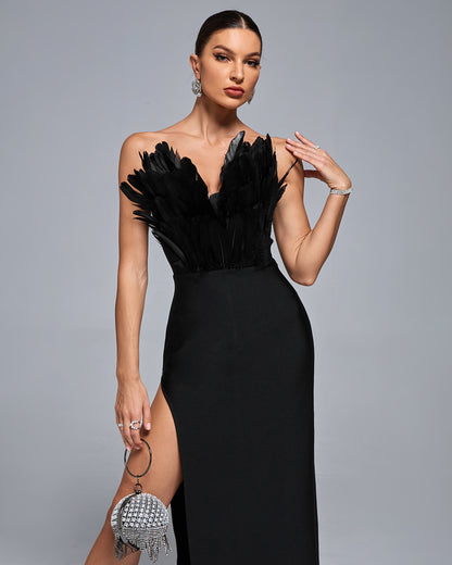 LLstyle Black Feather Detail Evening Gown