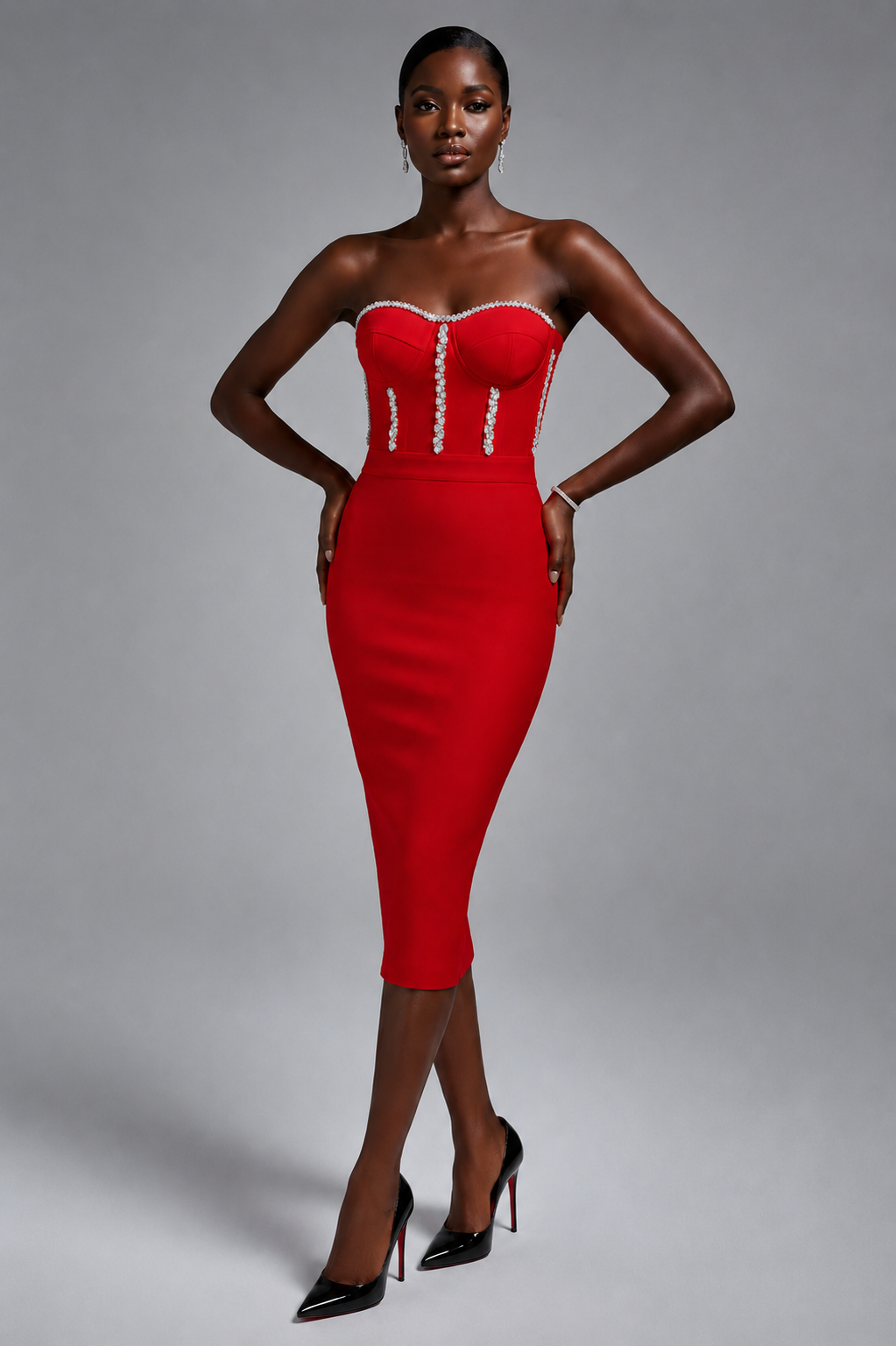 Aniston Crystal Trim Strapless Midi Dress