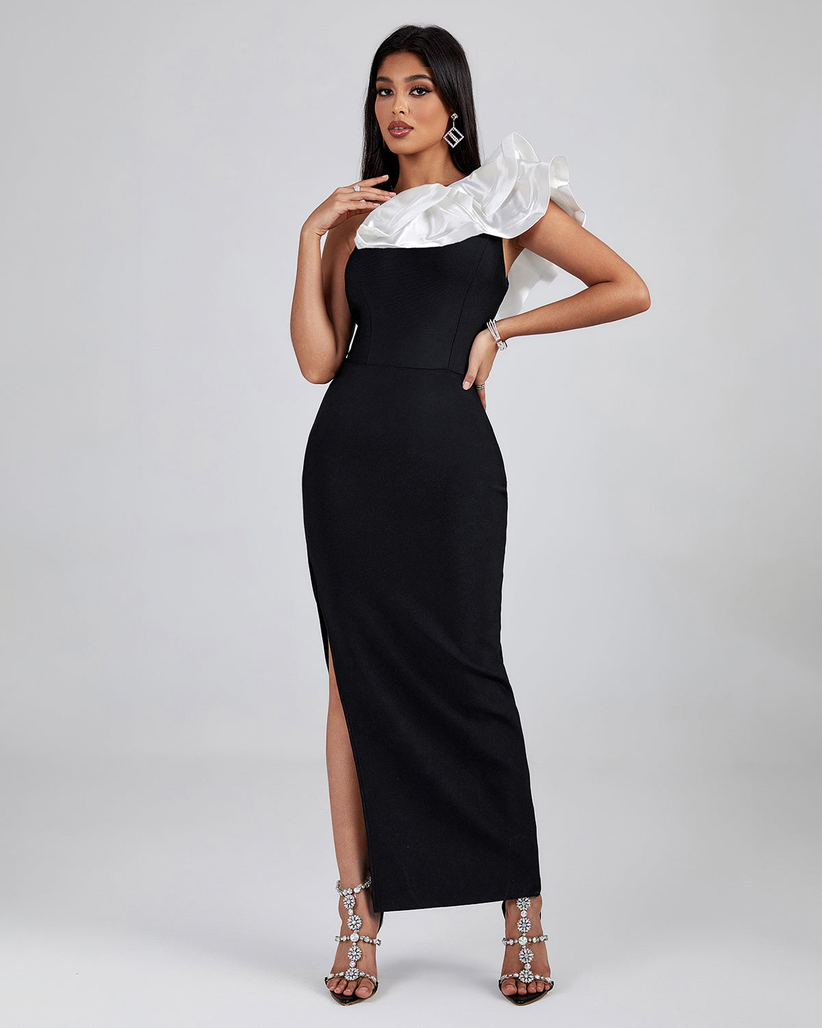LLstyle Black One Shoulder Ruffle Maxi Dress