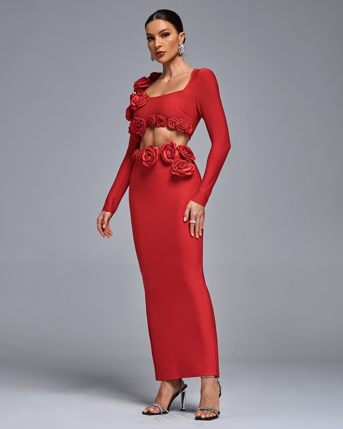 LLstyle Red 3D Rose Cut-Out Gown