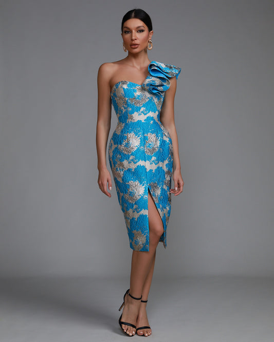 LLstyle One-Shoulder Blue &amp; Gold Metallic Midi Dress