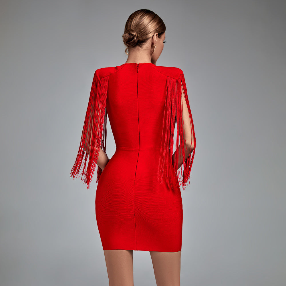 LLstyle Red Fringe Deep V Mini Dress