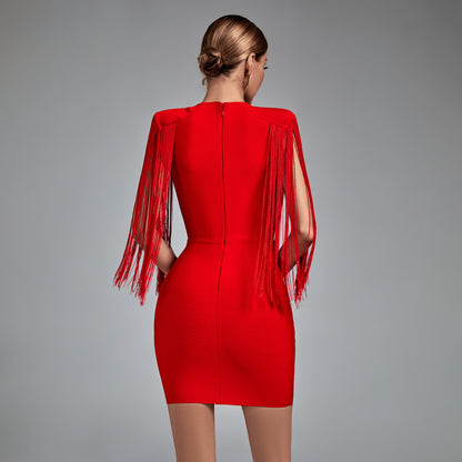 LLstyle Red Fringe Deep V Mini Dress