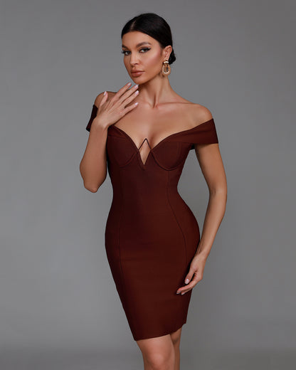 LLstyle Brown Off Shoulder Bandage Dress