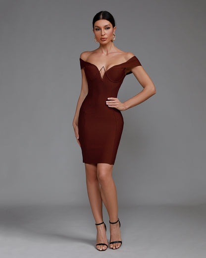 LLstyle Brown Off Shoulder Bandage Dress