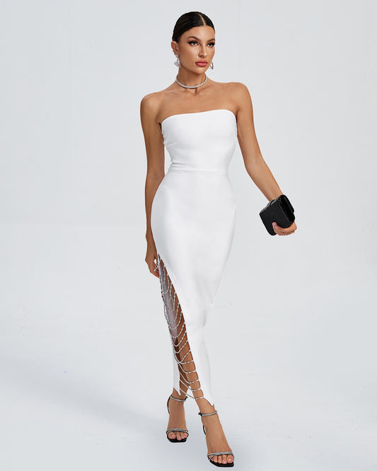 LLstyle White Strapless Crystal-Slit Midi Dress