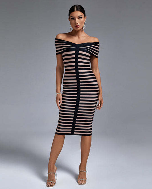 LLstyle Off-Shoulder Striped Midi Dress