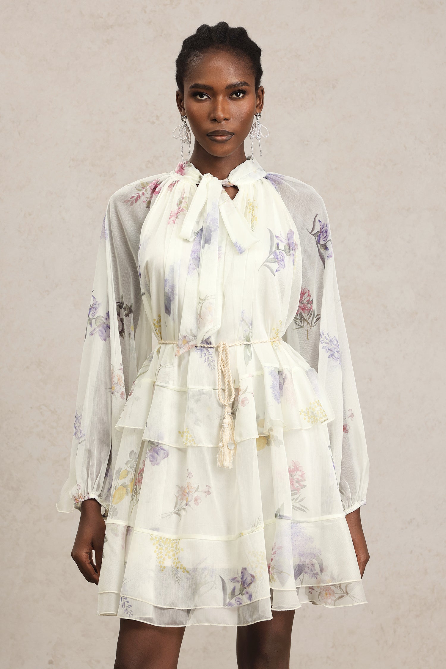 LLstyle Elegant Floral Chiffon Tie-Neck Dress