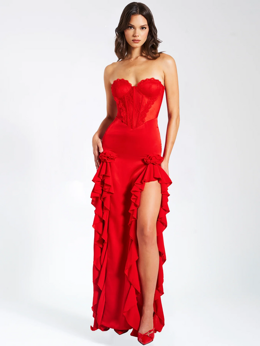 LLstyle Red Strapless Lace Corset Maxi Dress with Ruffle Slit