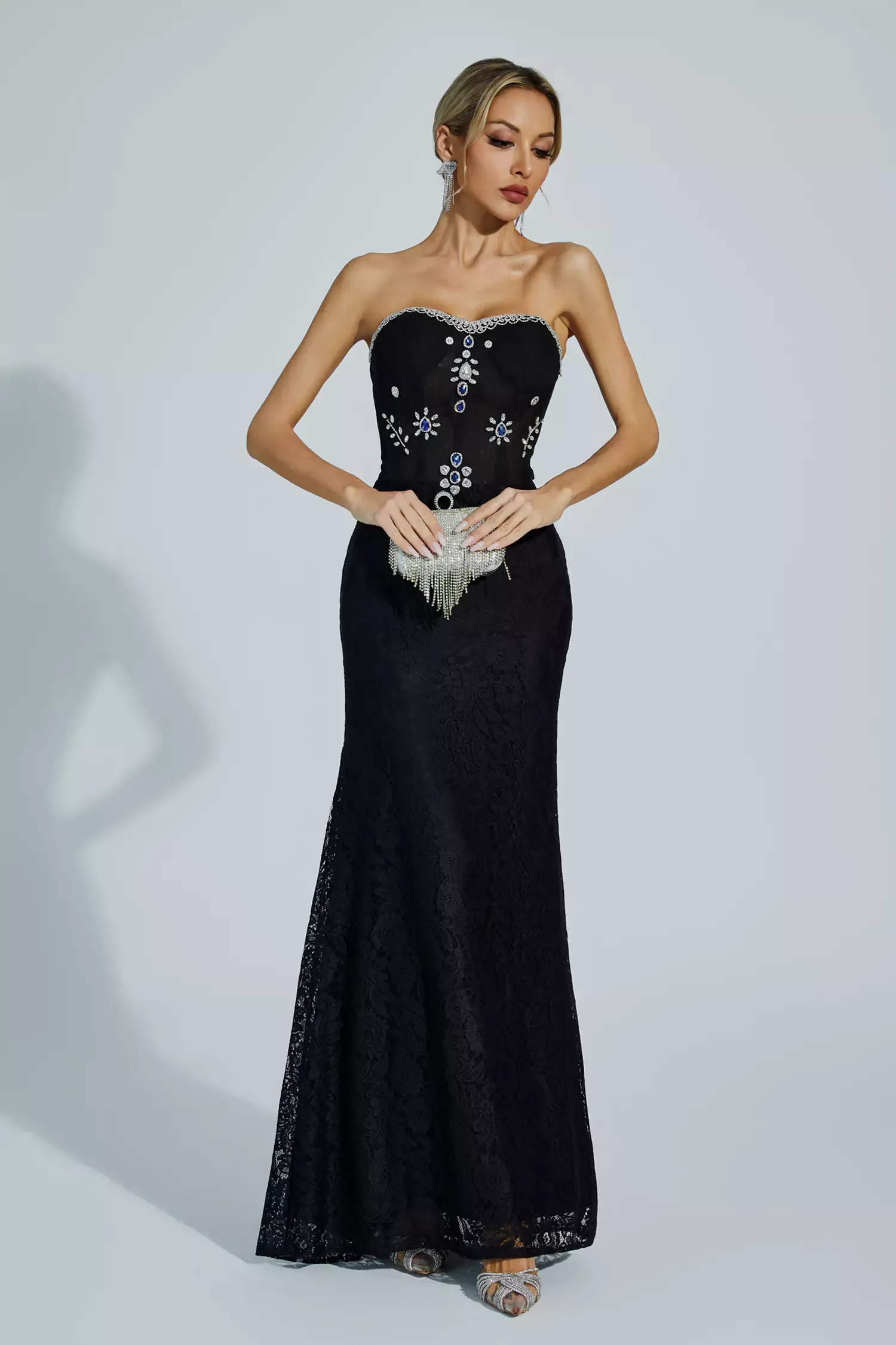 LLstyle Black Strapless Embellished Evening Gown