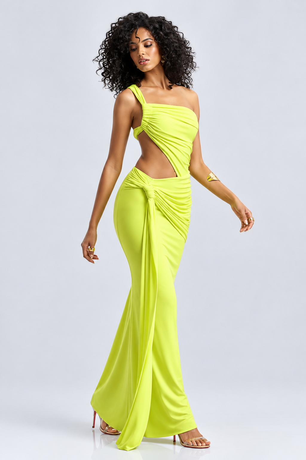 One-Shoulder Draped Cutout Evening Gown