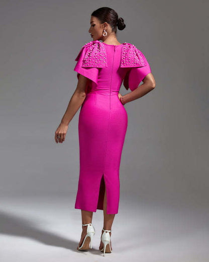 LLstyle Fuchsia Pearl Cape Sleeve Midi Dress