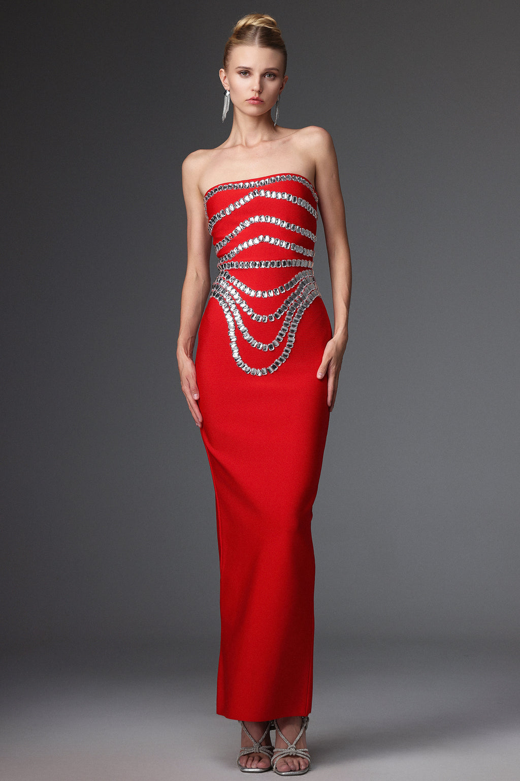 Zaria Red Strapless Crystal-Embellished Gown